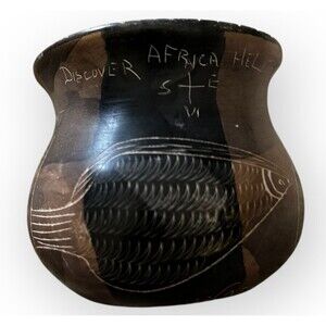 Kenya Vintage Hand Carved Soapstone Vase with Fish Etching 3 in Tall Signed